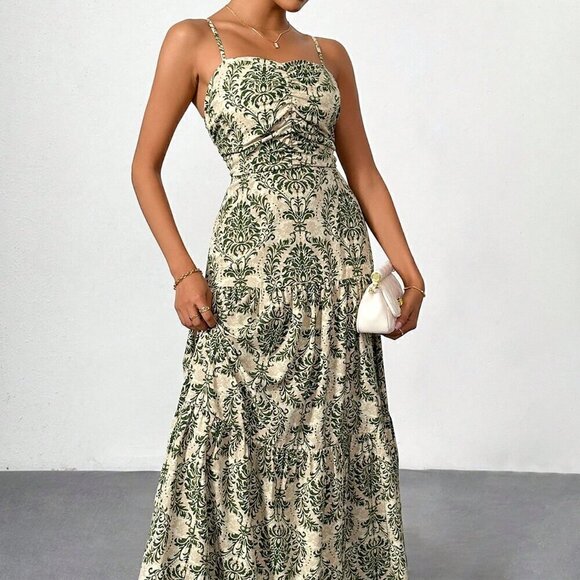 Army Green Boho Women's Vacation Printed Bohemian Backless Maxi Cami Dress - Picture 2 of 9
